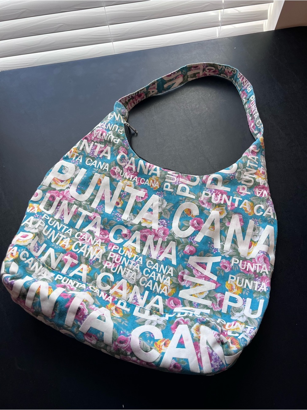 Punta Cana Floral Logo Hobo Bag in Teal and Multicolor